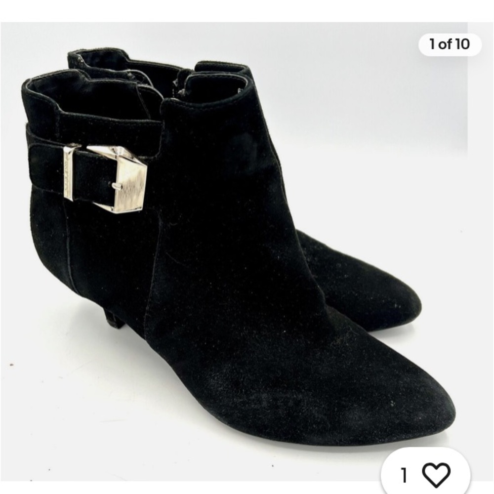 Anne Klein Black Suede Booties W/ Gold Side Buckle W Sz 6.5